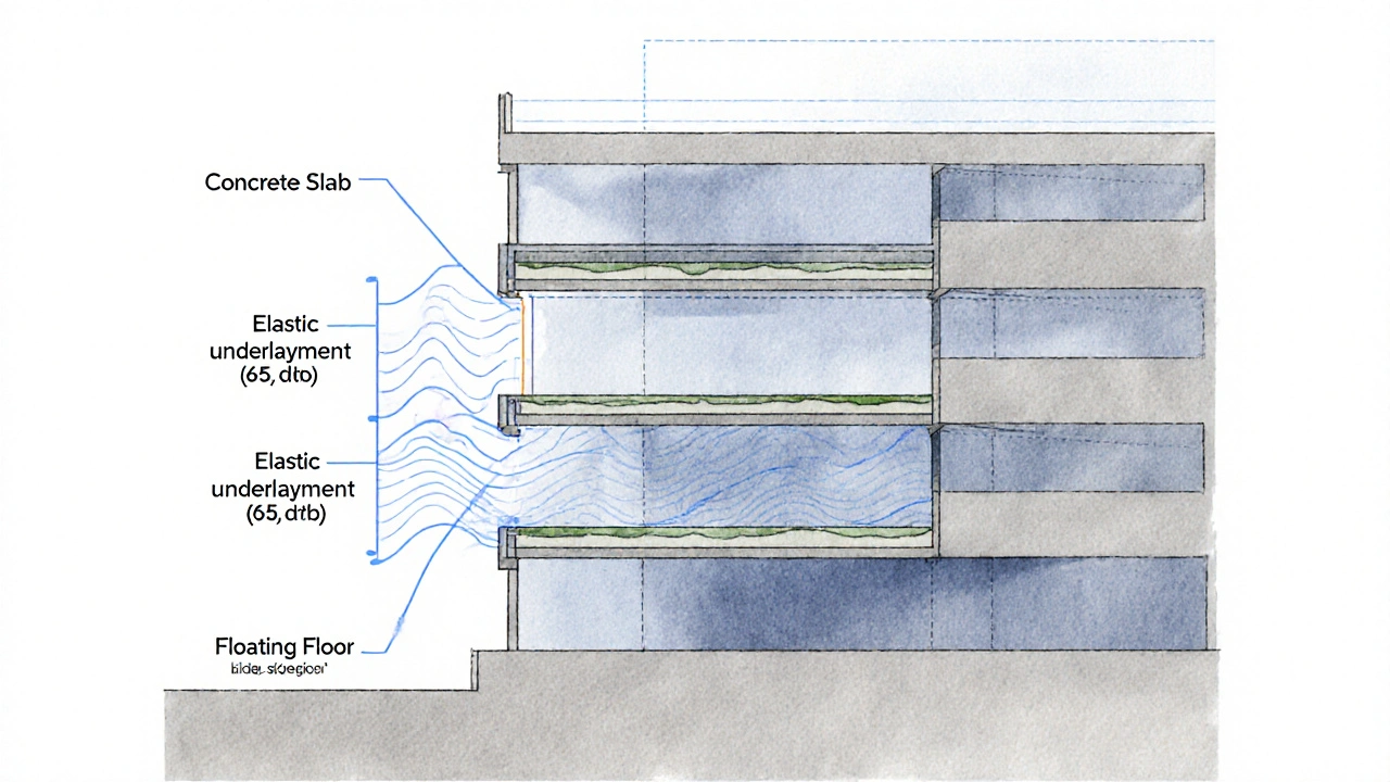 Průřez bytového domu ukazující vrstvy akustické izolace mezi podlahami a snížení hluku kroků.