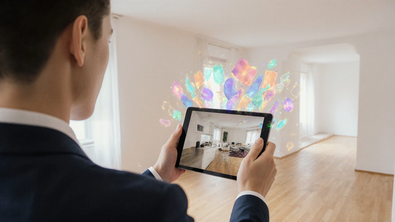 Realitní makléř ukazuje na tabletu virtuální staging bytu, zatímco za ním je prázdný interiér.