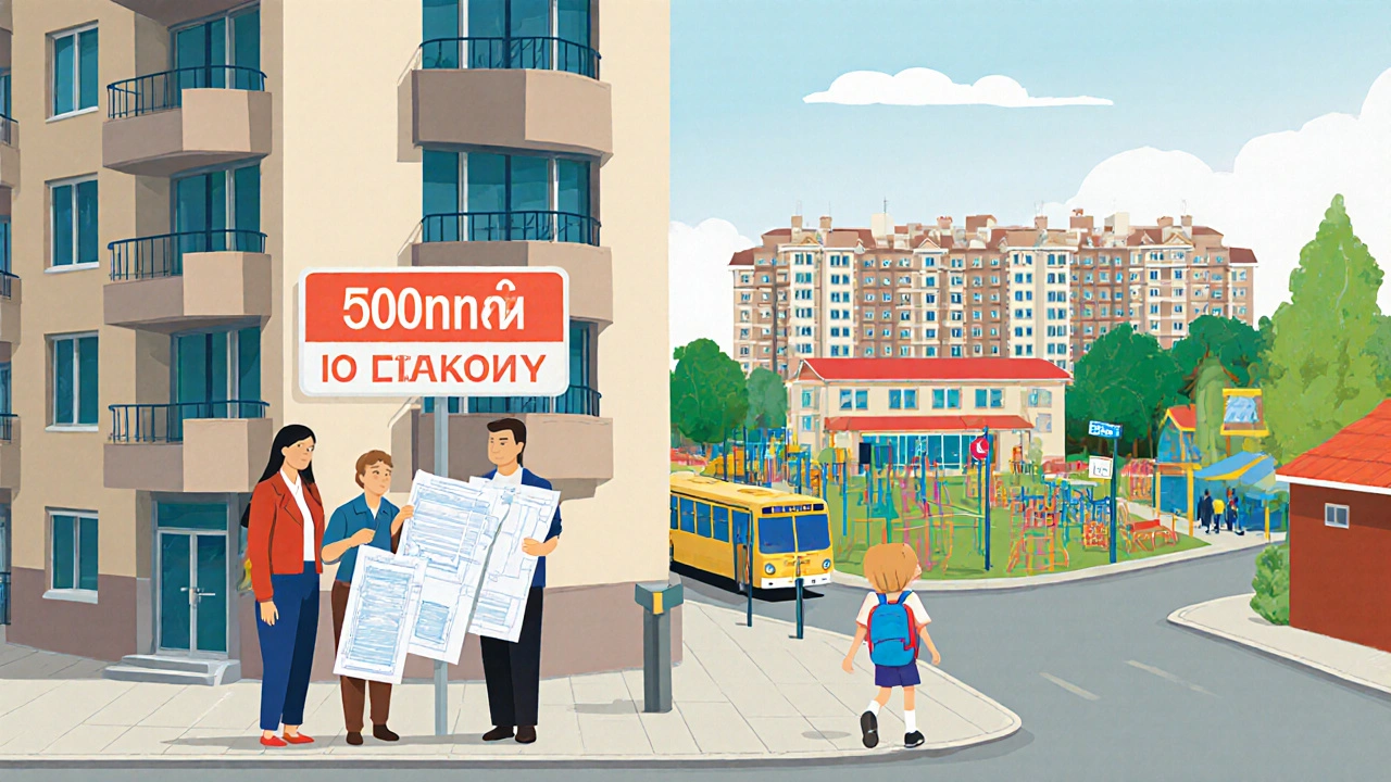 Rodina si prohlíží byt v blízkosti školy s viditelnými službami v okolí.