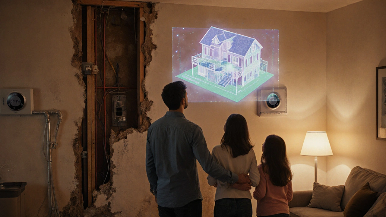 Rodina sleduje 3D vizualizaci svého budoucího bytu, zatímco probíhá rekonstrukce s chytrými technologiemi.