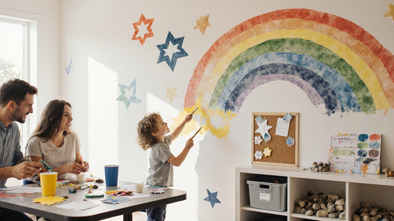 Rodina společně maluje barevnou geometrickou fresku na stěně dětského pokoje.