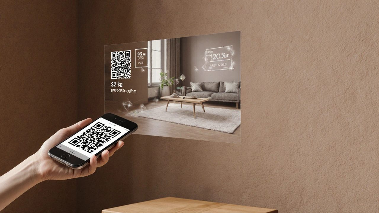 Skener QR kódu na nábytku s AR projekcí ukazující udržitelnost a nízkou uhlíkovou stopu v prostředí.