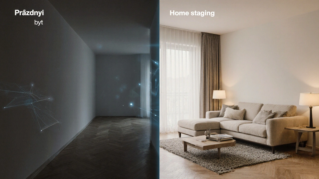 Srovnání prázdného bytu a bytu s home stagingem – pravá strana ukazuje skutečné zařízení.
