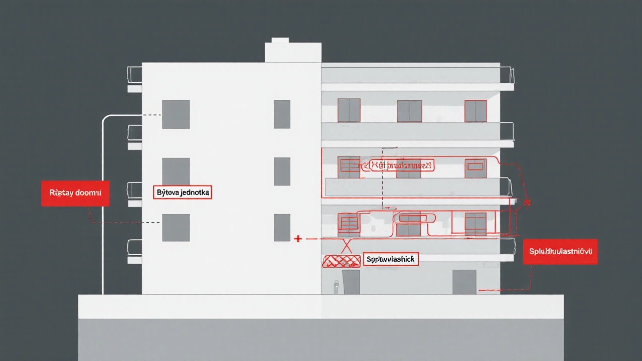 Srovnání správně vyčleněného bytu a nevyčleněné části domu v katastru.