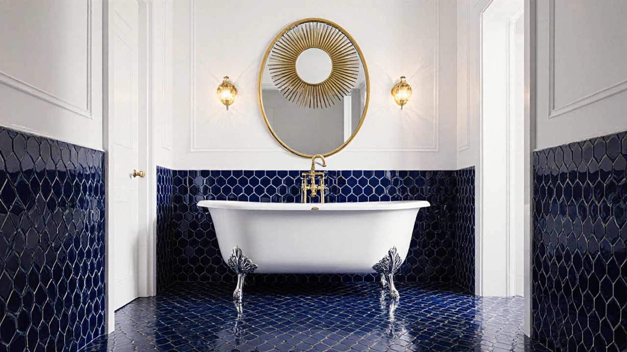 Tmavě modrá mozaiková koupelna s chromovanou vanou a zlatými kohoutky pod zrcadlem se slunečním motivem.