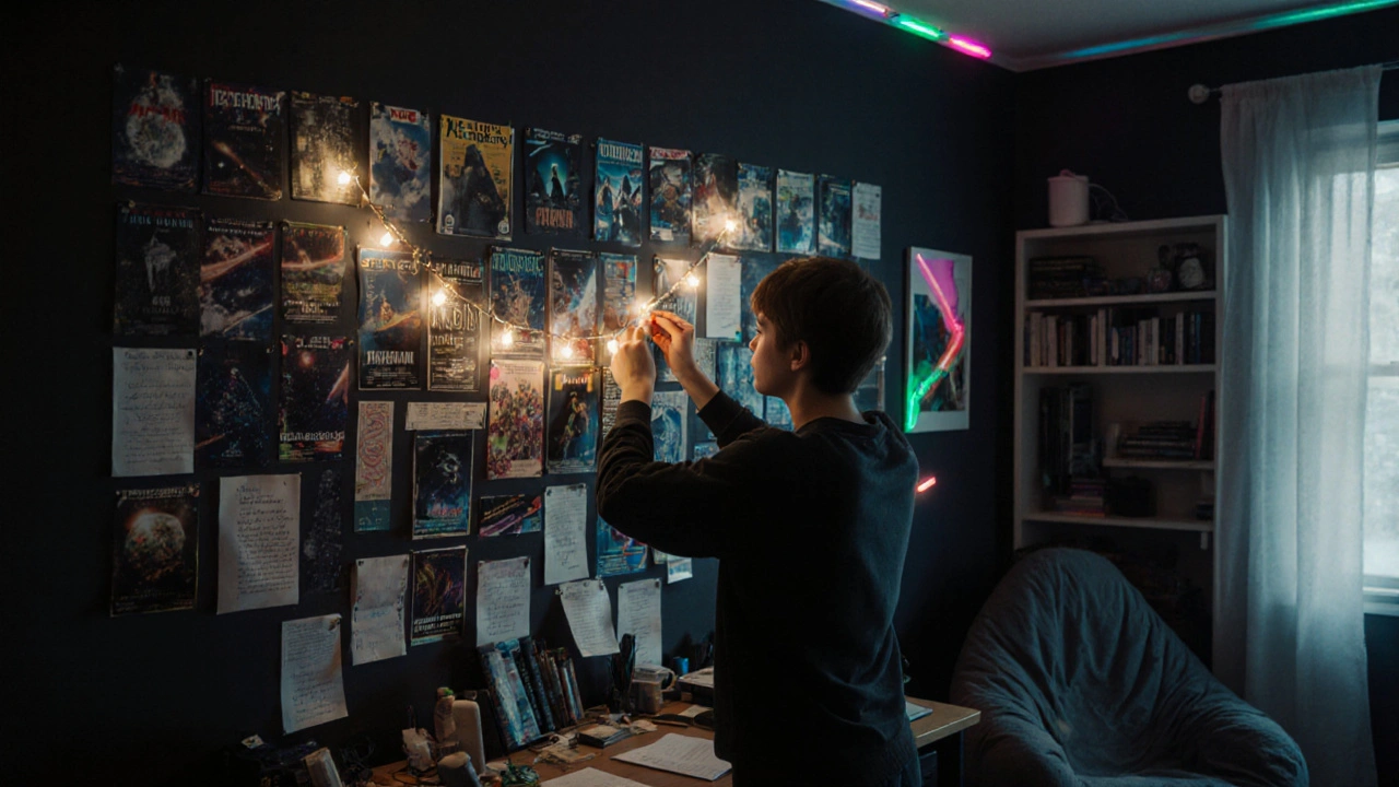 Třináctiletý teenager s plakáty a koláží na černé stěně, osvětlený řetězovými žárovkami.