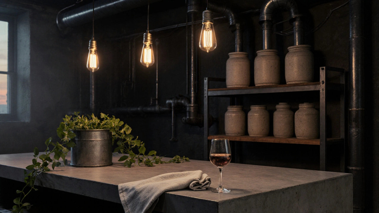 Večerní kuchyně s betonovým ostrovem, keramickými nádobami a zeleninou v kovovém květináči pod teplým světlem.