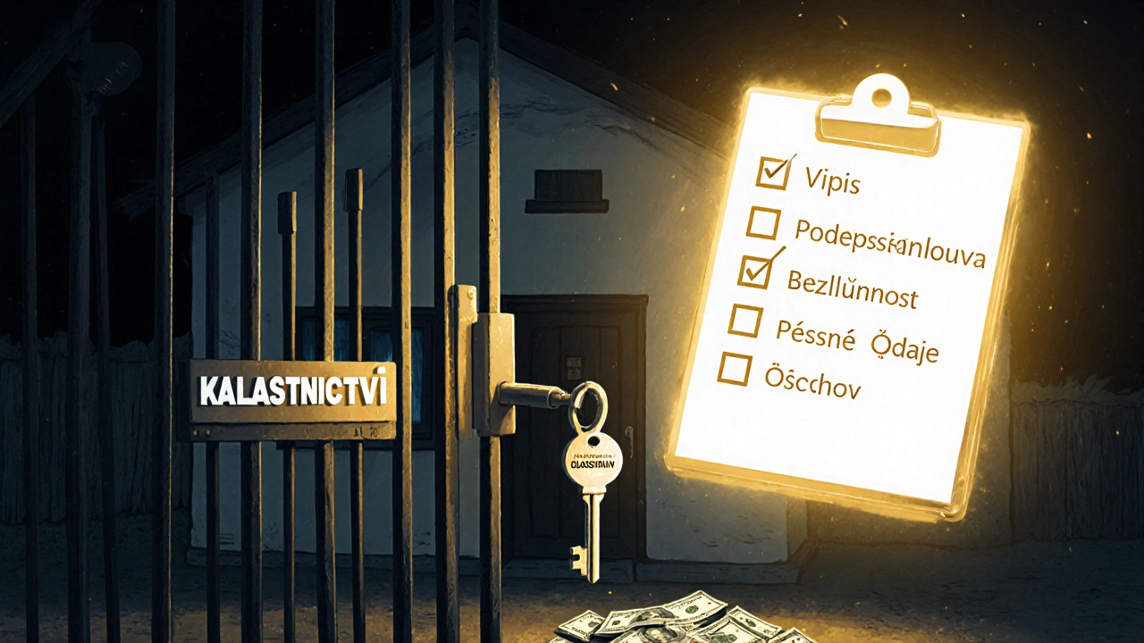 Zamčená brána vlastnictví s klíčem katastrálního zápisu mimo dosah, peníze na zemi.