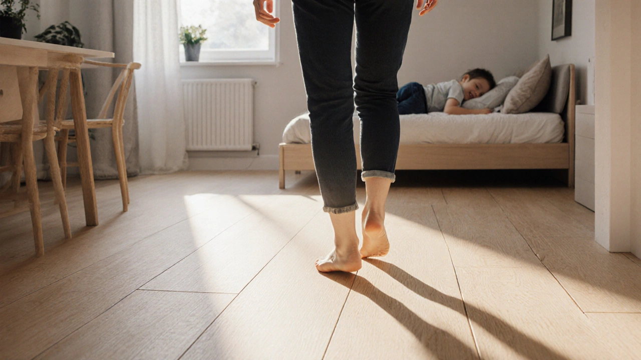 Žena chodí bosá po vinylové podlaze s akustickou vrstvou, dítě spí v pozadí, klidná noční atmosféra.