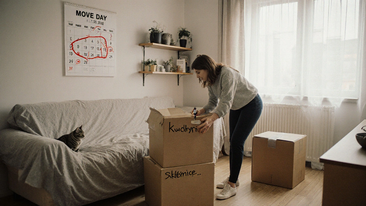 Žena označuje krabice v poloprázdném bytě, kočka se schovává pod sofou.