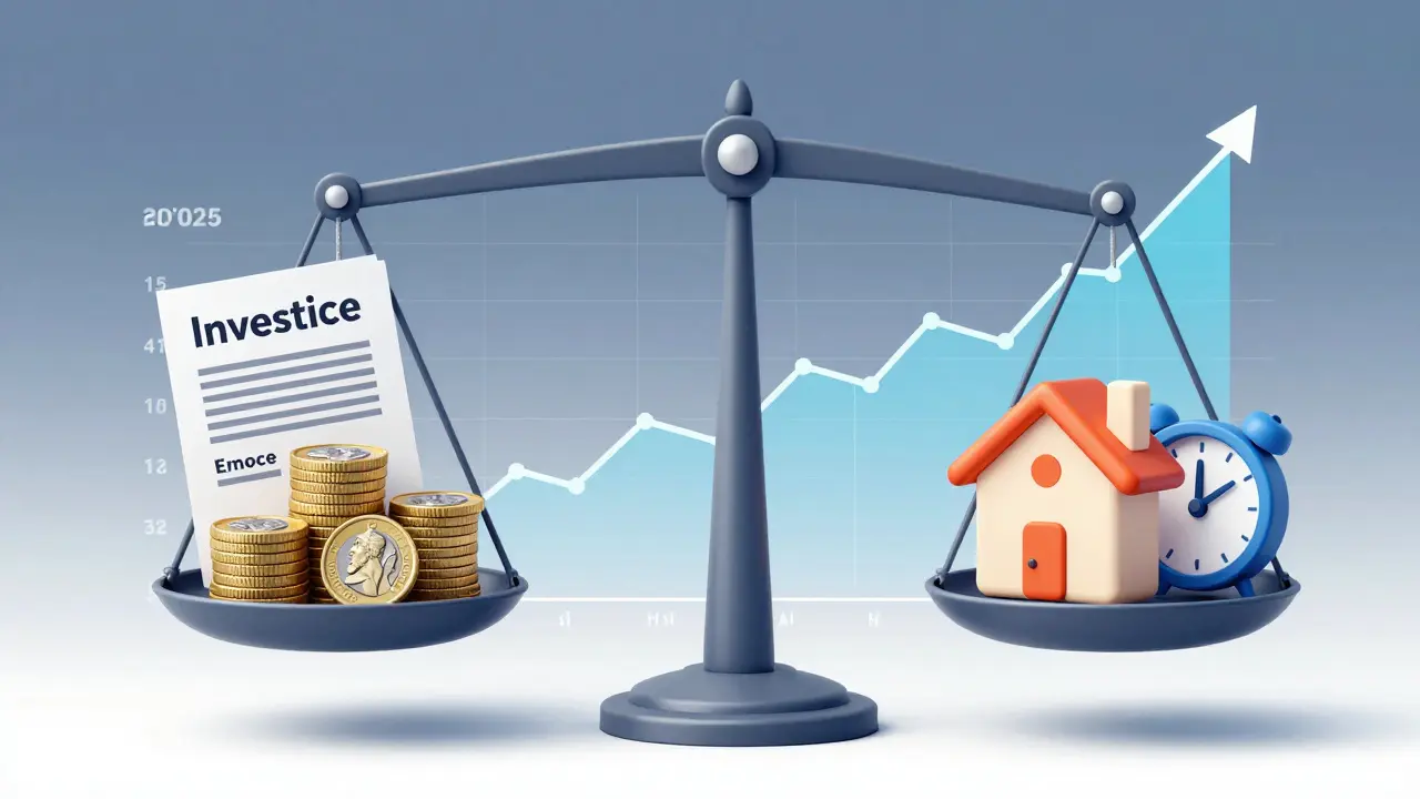 Balance scale weighing emotional investment against data-driven market value for property.