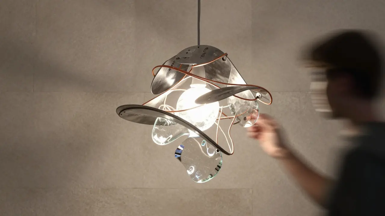 Detail návrhářského svítidla z recyklovaného skla a hliníku, jehož světlo vytváří vodní vzory na zdi.