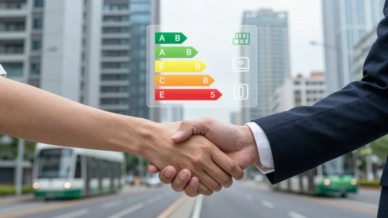 Handshake over apartment key with energy rating icons and digital payment symbols floating between tenant and investor.