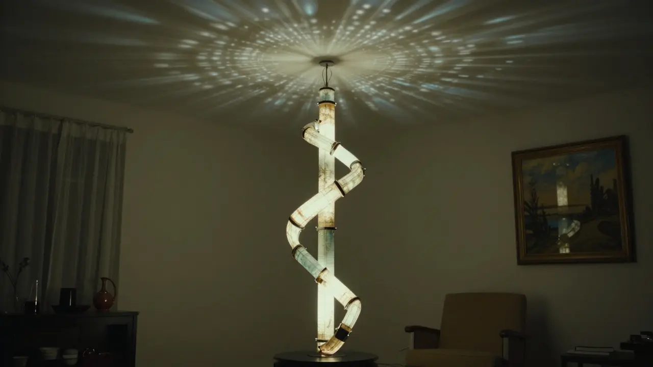 Interaktivní svítidlo s pohyblivými částmi projekuje textury na strop a vyzařuje jemný zvuk v interiéru.
