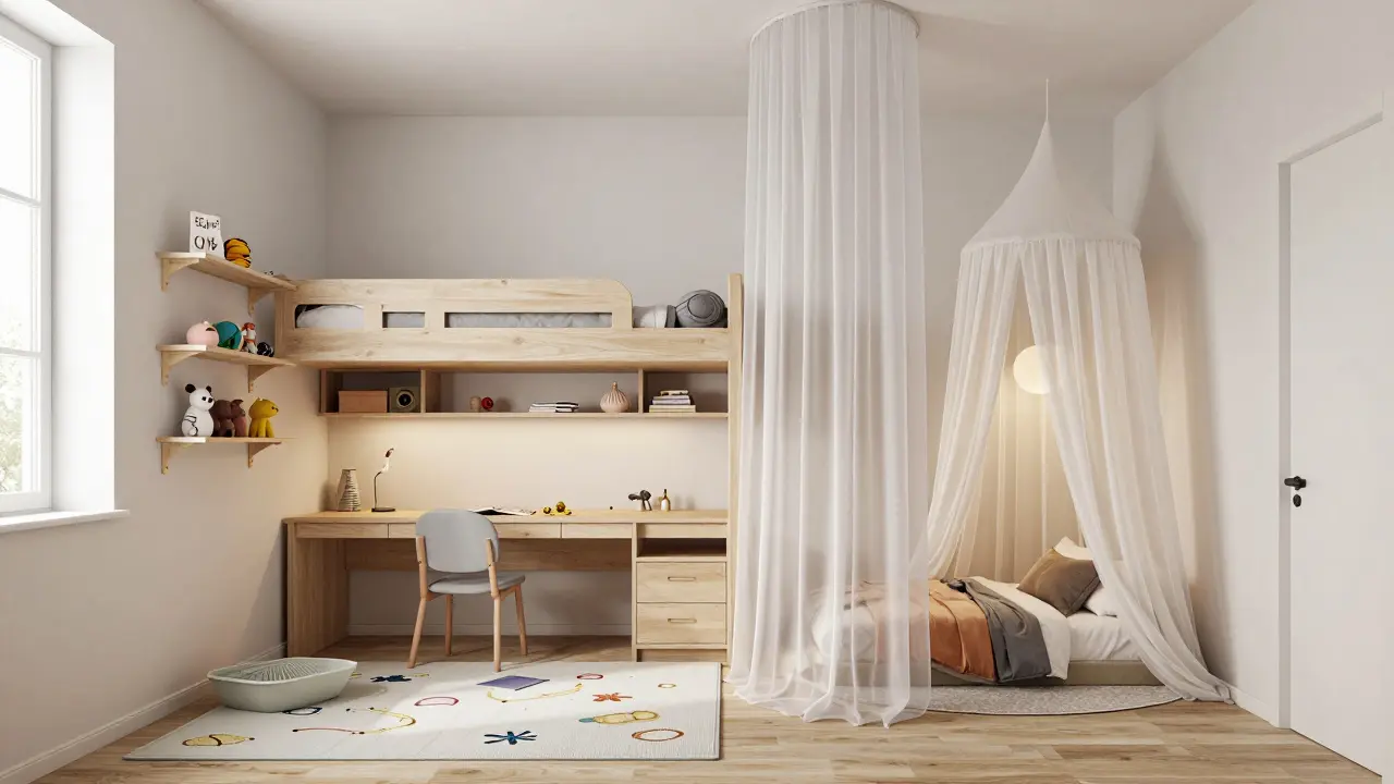 Kreativní využití vertikálního prostoru v malém dětském pokoji s nábytkem a senzorickým prvkem.