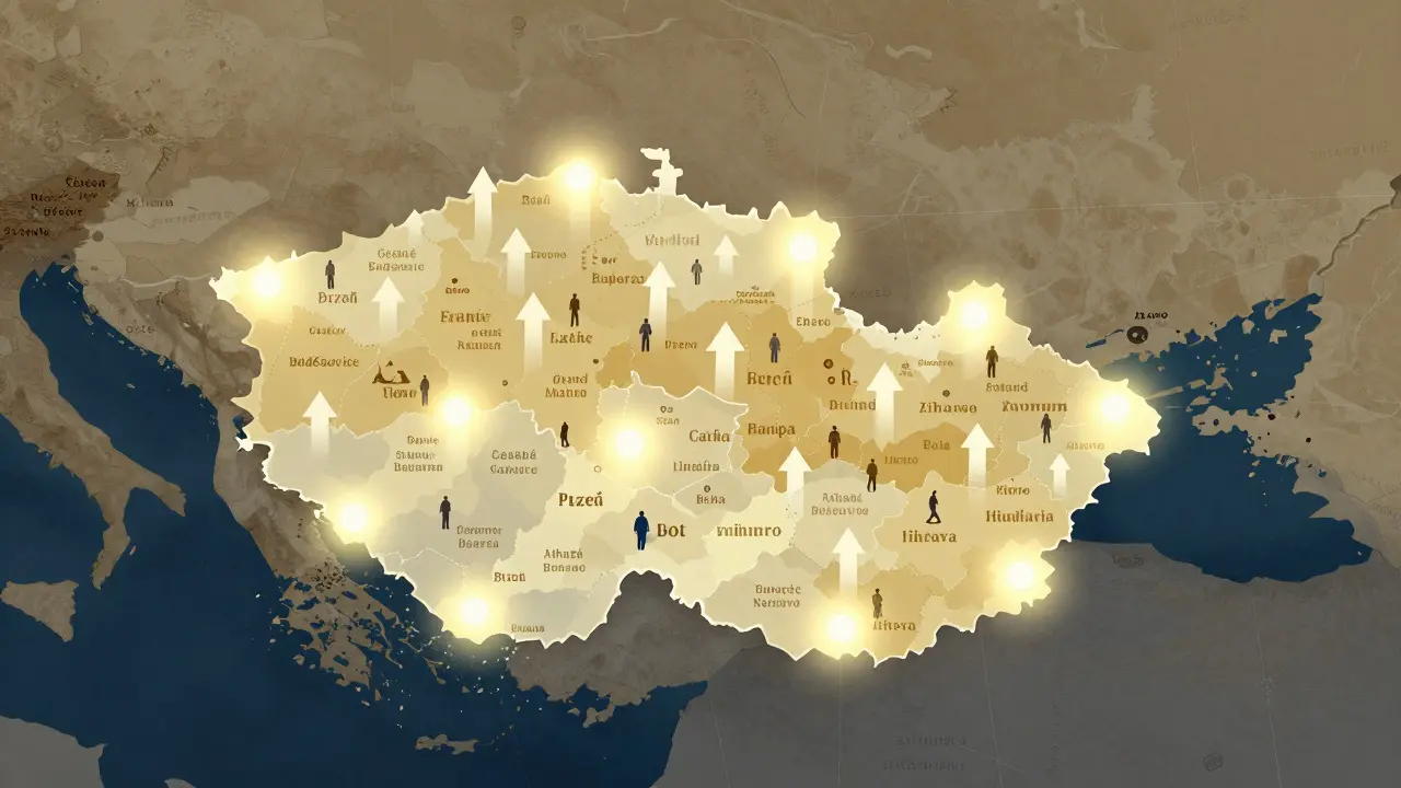 Map of Czech Republic showing rent increases in major cities and migration to regional centers.