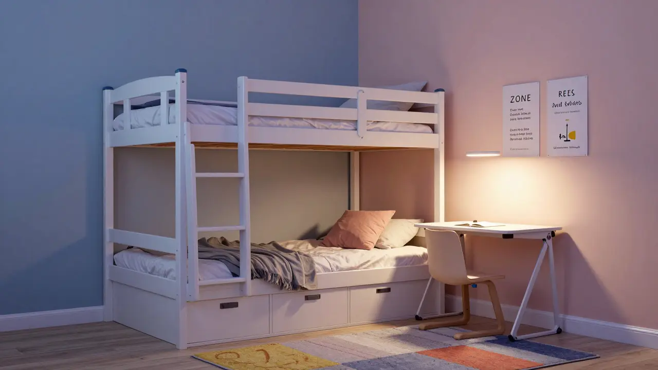 Minimální dětský pokoj s dvoupodlažní postelí, herní zónou na koberci a skládacím stolem.