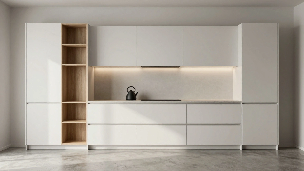 Moderní kuchyně s skrytými skříněmi a jediným předmětem na kameni.