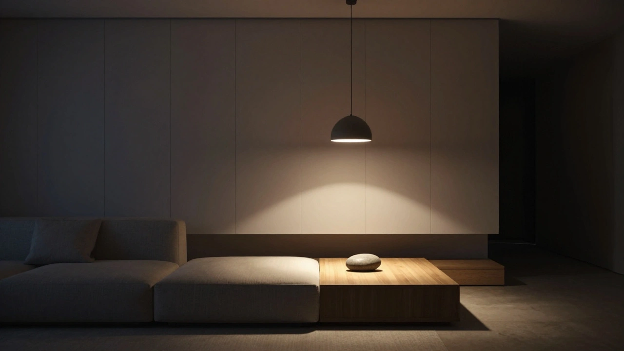 Noční minimalistický prostor s jedinou lampou a kamenem na stole, v temnotě.