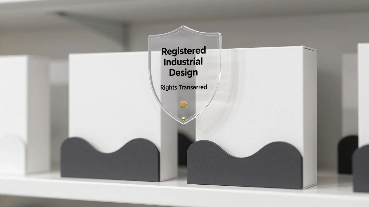 Originální design balení s průmyslovým vzorem chráněný právní štítem vedle kopie na regálu.