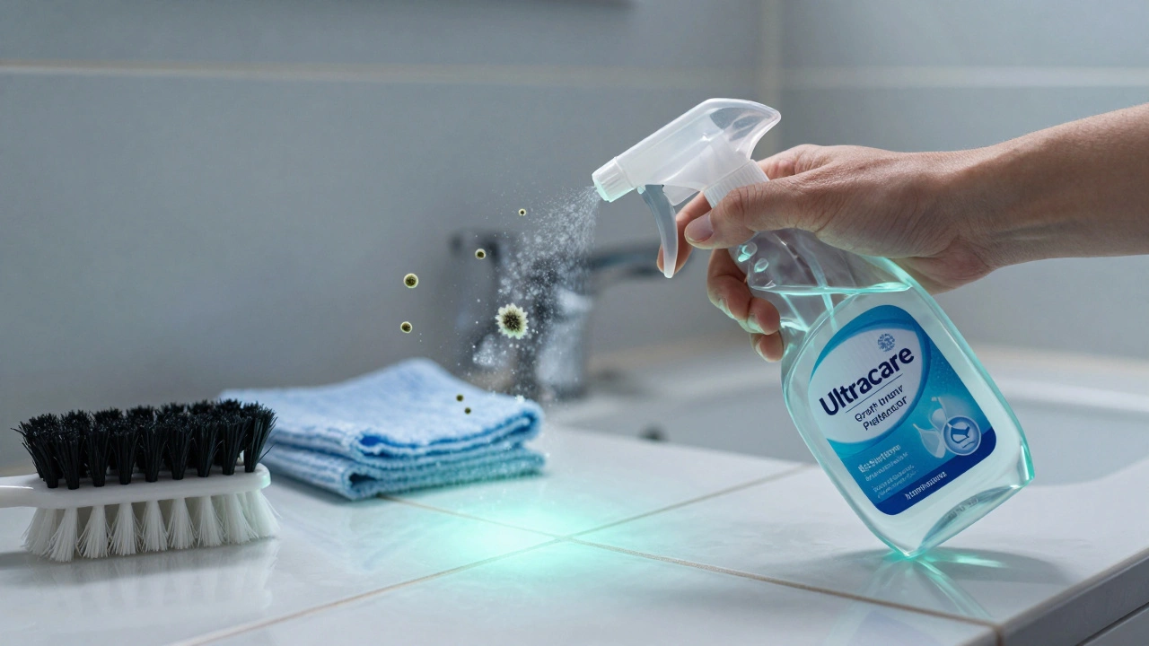 Rozprášení impregnačního prostředku na spáry koupelny s jemným zářivým efektem ochranné vrstvy.