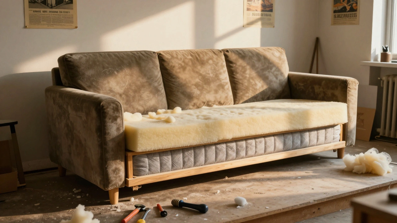 Ruční oprava staré sedačky: nové pěny a pružiny jsou zaváděny do rámu.