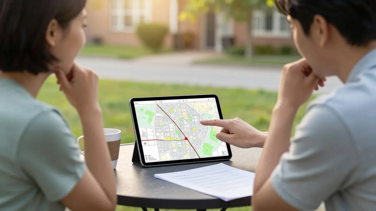 Sousedé společně prohlížejí katastrální mapu na tabletu.