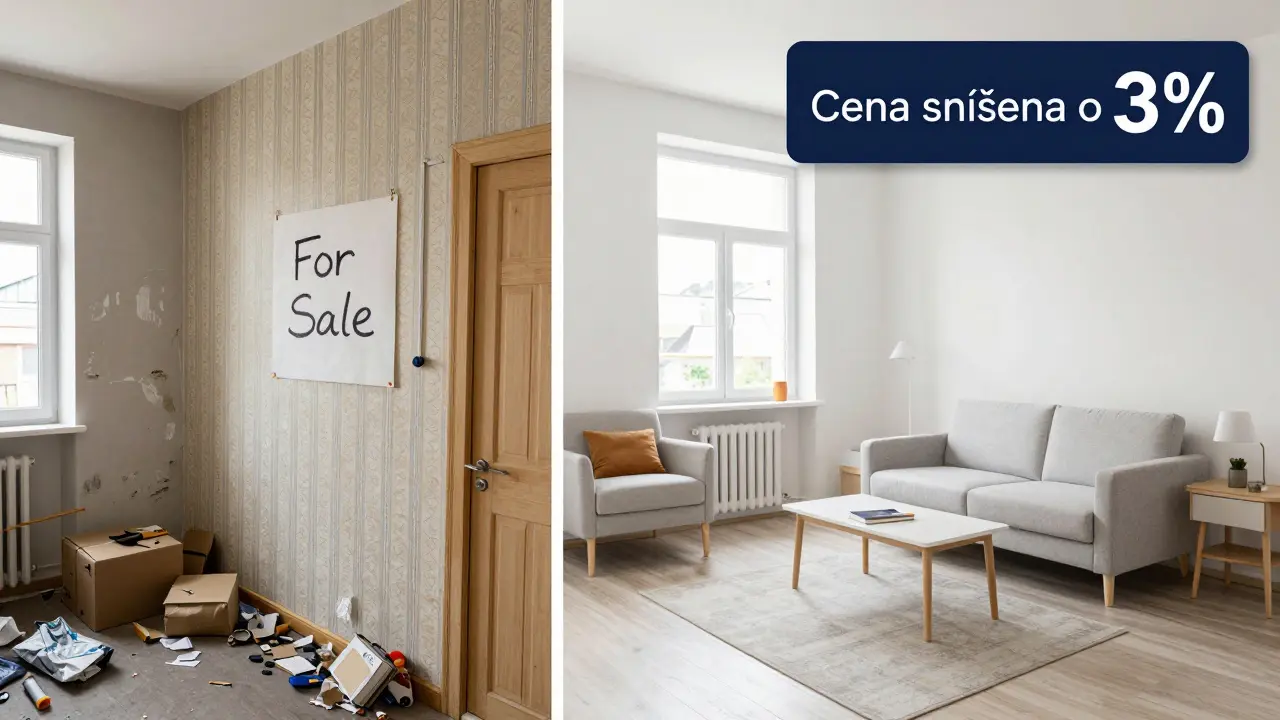 Split image comparing poorly presented vs. professionally photographed property for sale.