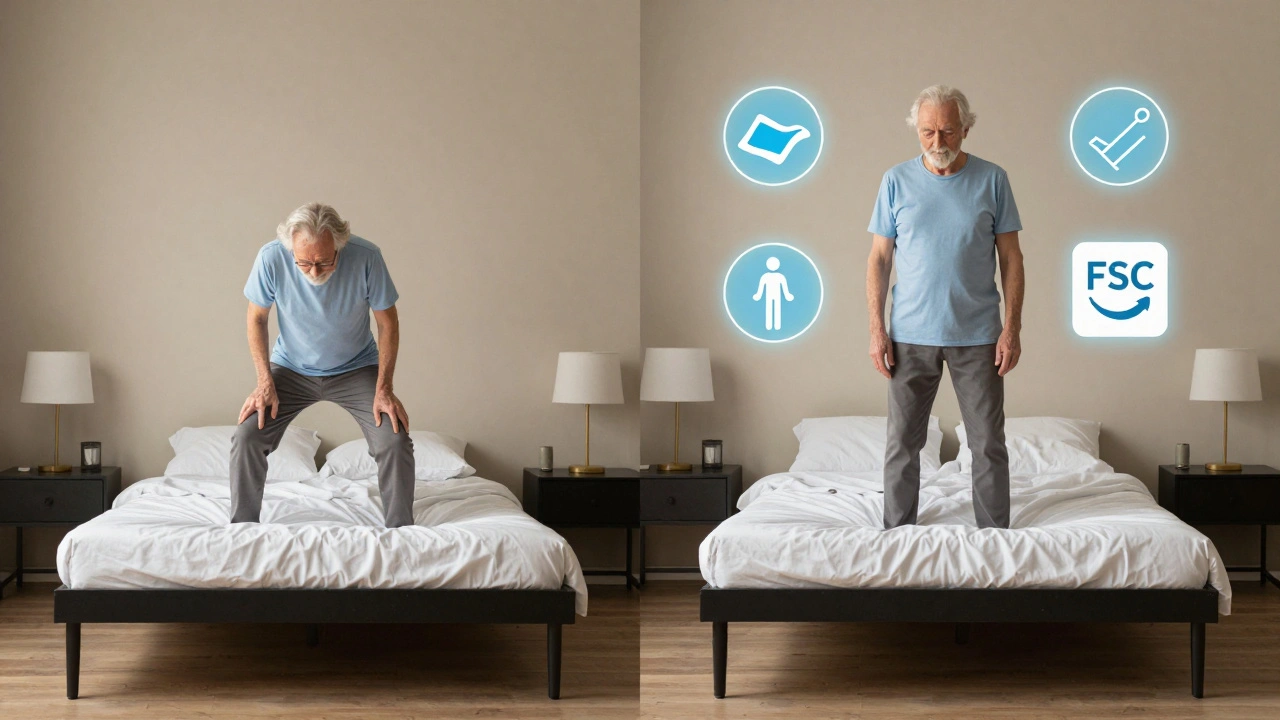 Srovnání nízké a vysoké postele: starší osoba se těžko vznáší z nízké, ale snadno vstává z vysoké.