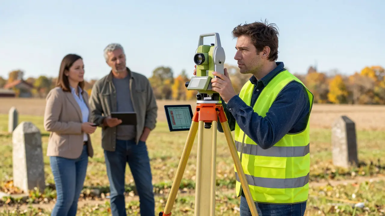 Zeměměřič provádí přesné měření hranice pozemku s přístroji.