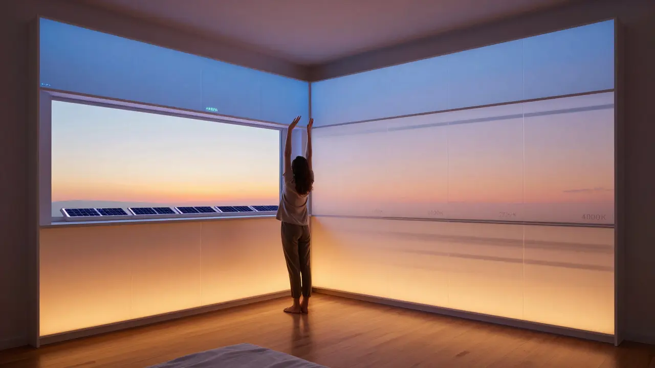 Budoucí šatna s OLED světelnými panely a solárním nabíjením, postupné zjasňování světla jako ranní slunce.
