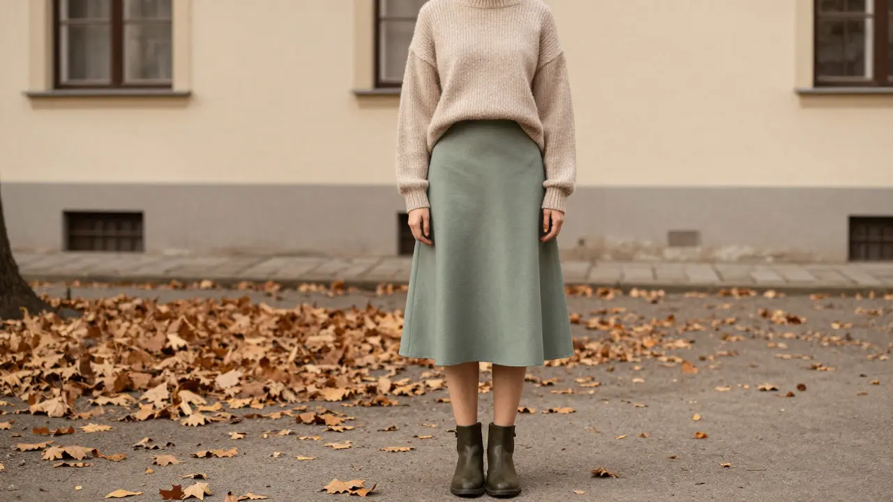 Česká módní kombinace v analogických tónech: béžový svetr, šedozelená sukně a tmavězelené boty.