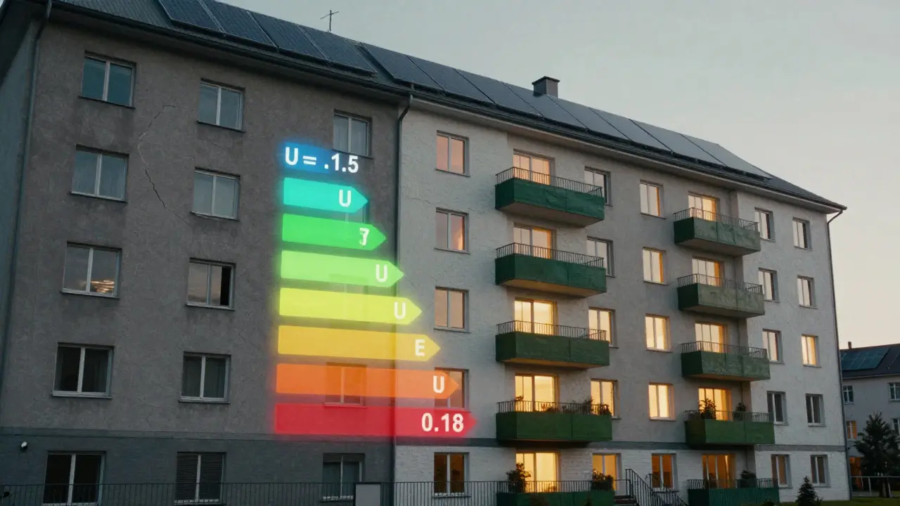 Dvojité expozice: starý panelák přeměněný na energeticky úsporný dům s solárními panely.