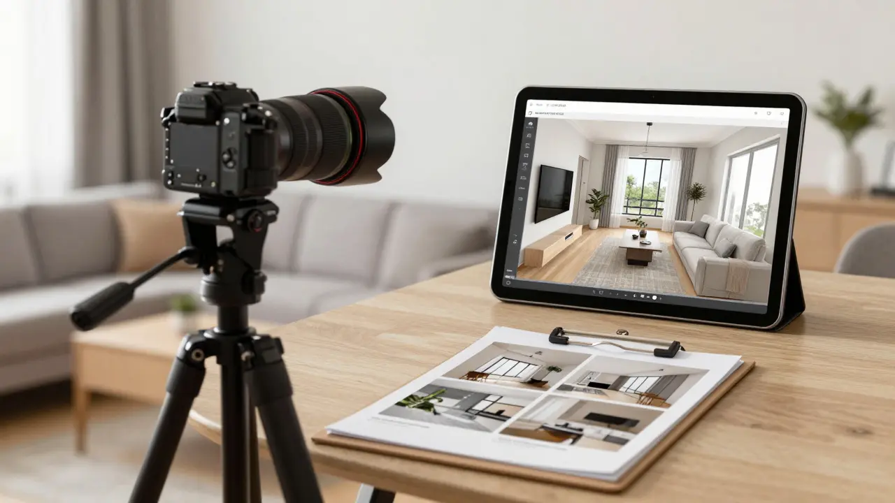 Fotograf snímá renovovaný byt s připravenými fotkami před a po a tablet s 3D skenem.