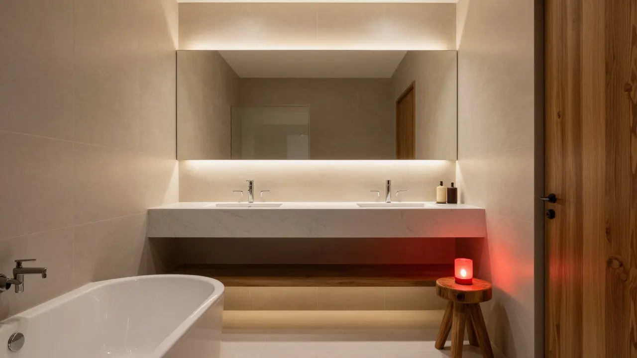 Kompaktní relaxační koupelna se závěsným nábytkem a vrstveným osvětlením, bez technologií.