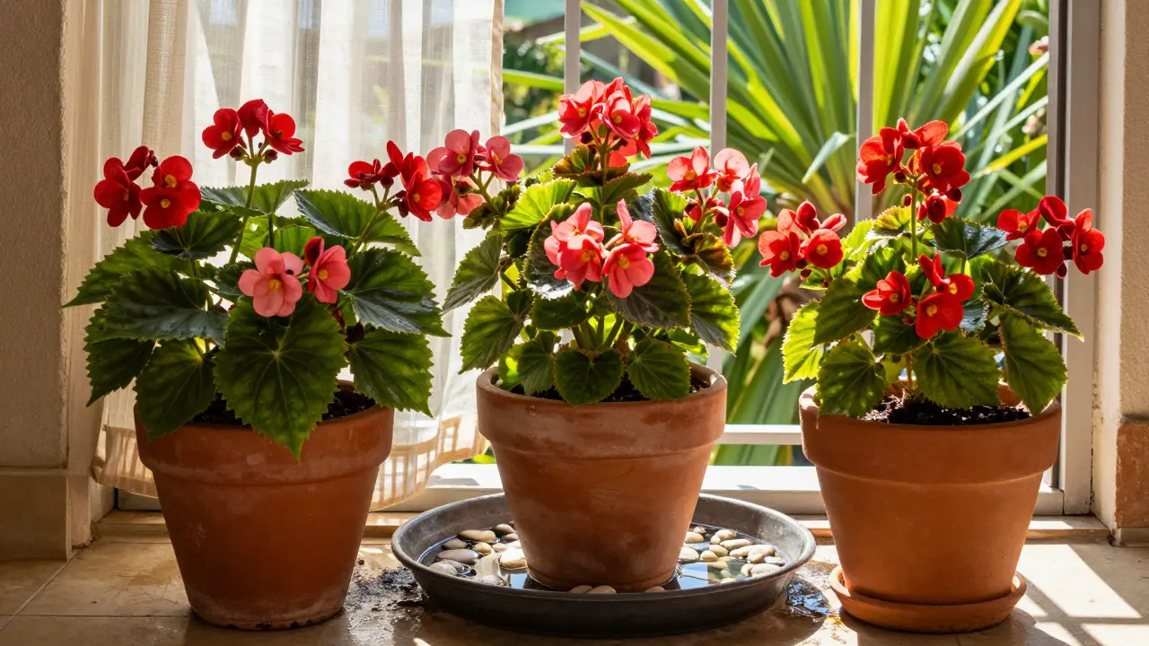 Letní begonie a pelargónie na zaskleném balkóně s podnosy s kameny a vodou.