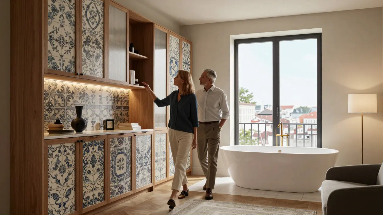 Luxury apartment with custom design elements, visited by a couple and their interior designer.