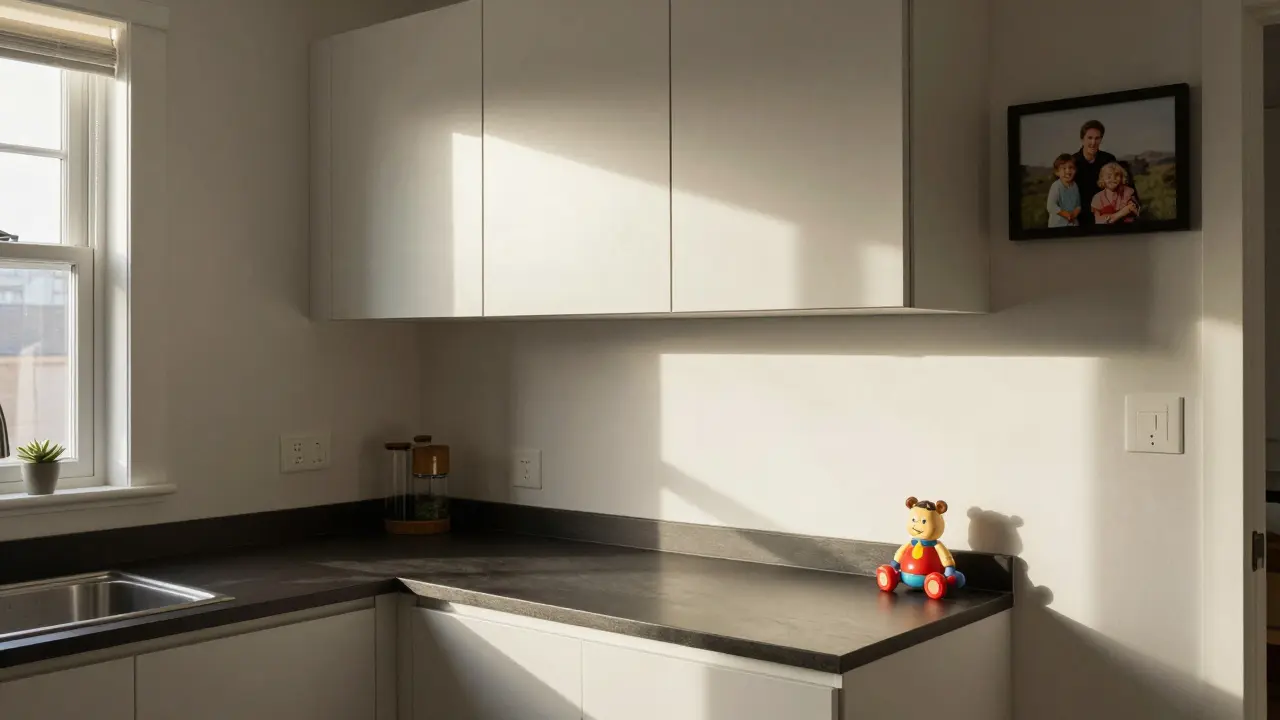 Malá kuchyň s lehkými horními skříňkami a tmavou deskou, plná života a osobních detailů.