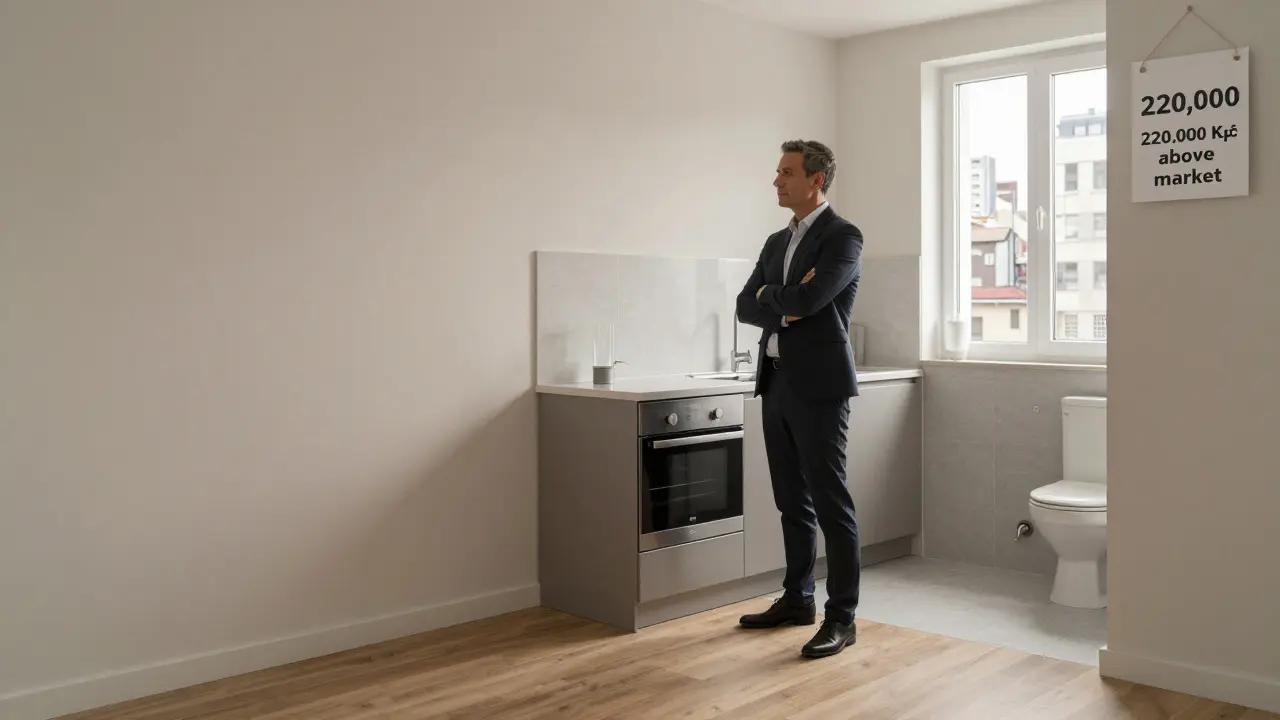 Minimalist apartment with standard finishes, viewed by an investor assessing return on investment.