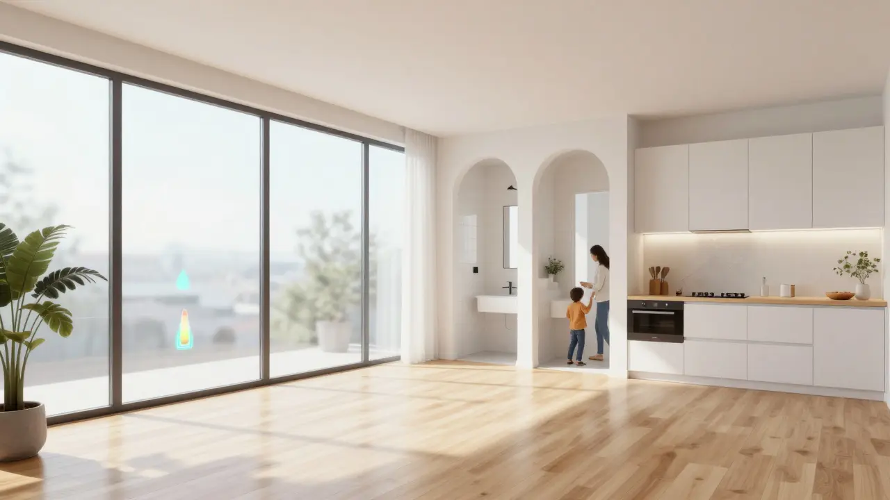 Moderní byt s otevřenou dispozicí, dvěma koupelnami a rodinou v ranní rutině.