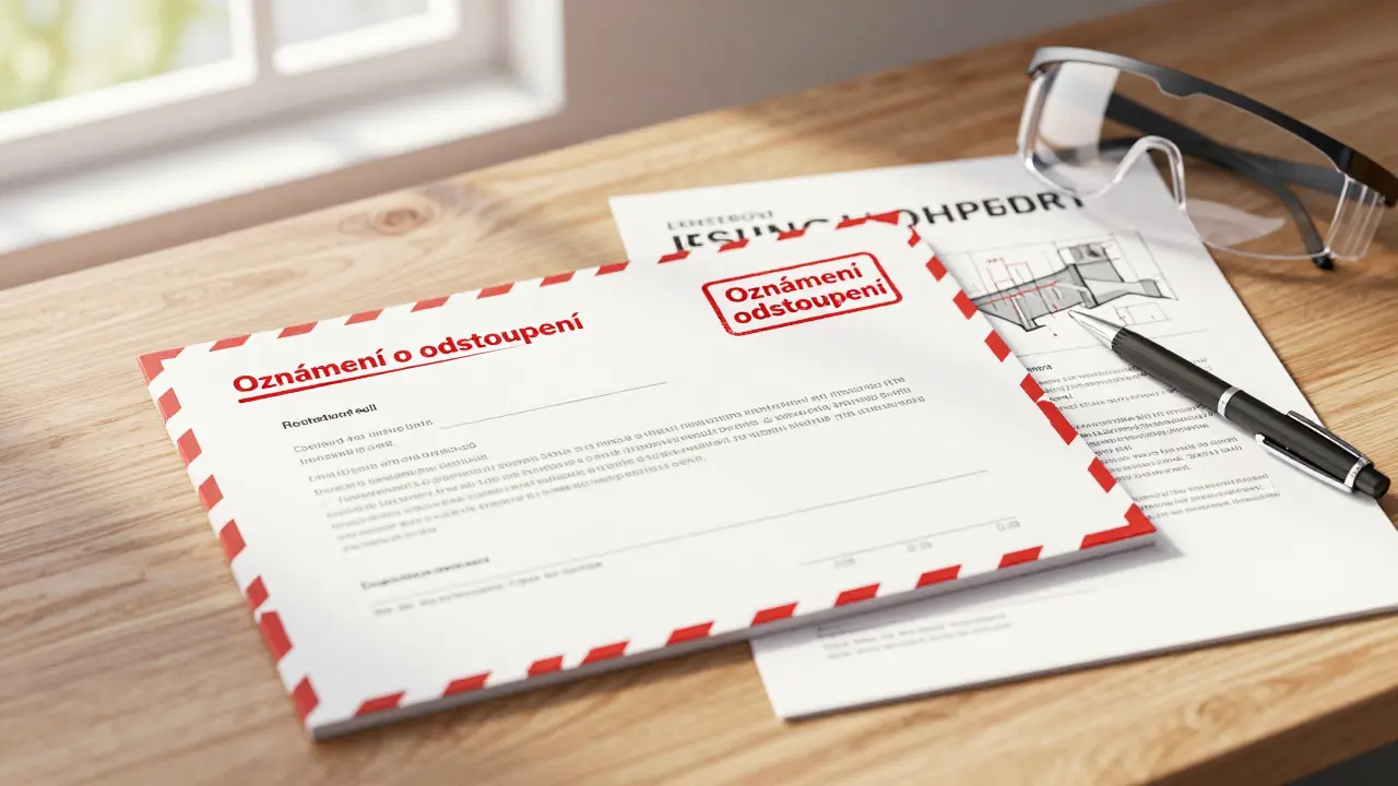 Písemné oznámení o odstoupení smlouvy s znaleckým posudkem na stole, pošta s potvrzením.