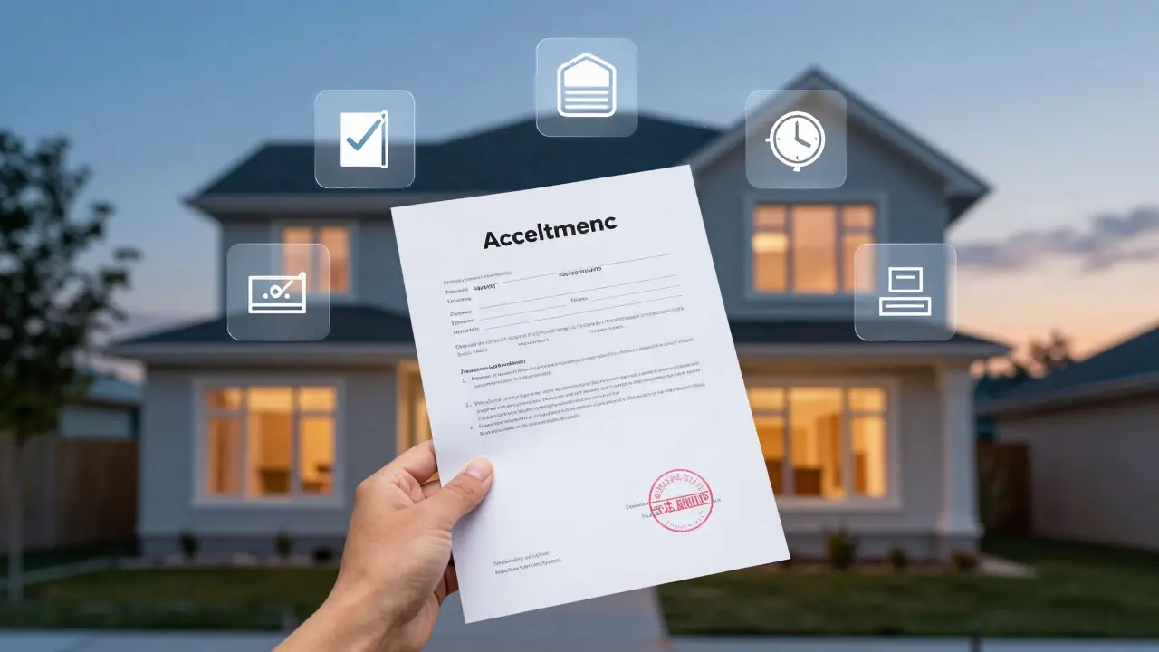 Podpis převzetí stavby s dokumenty a symboly legálního schválení.