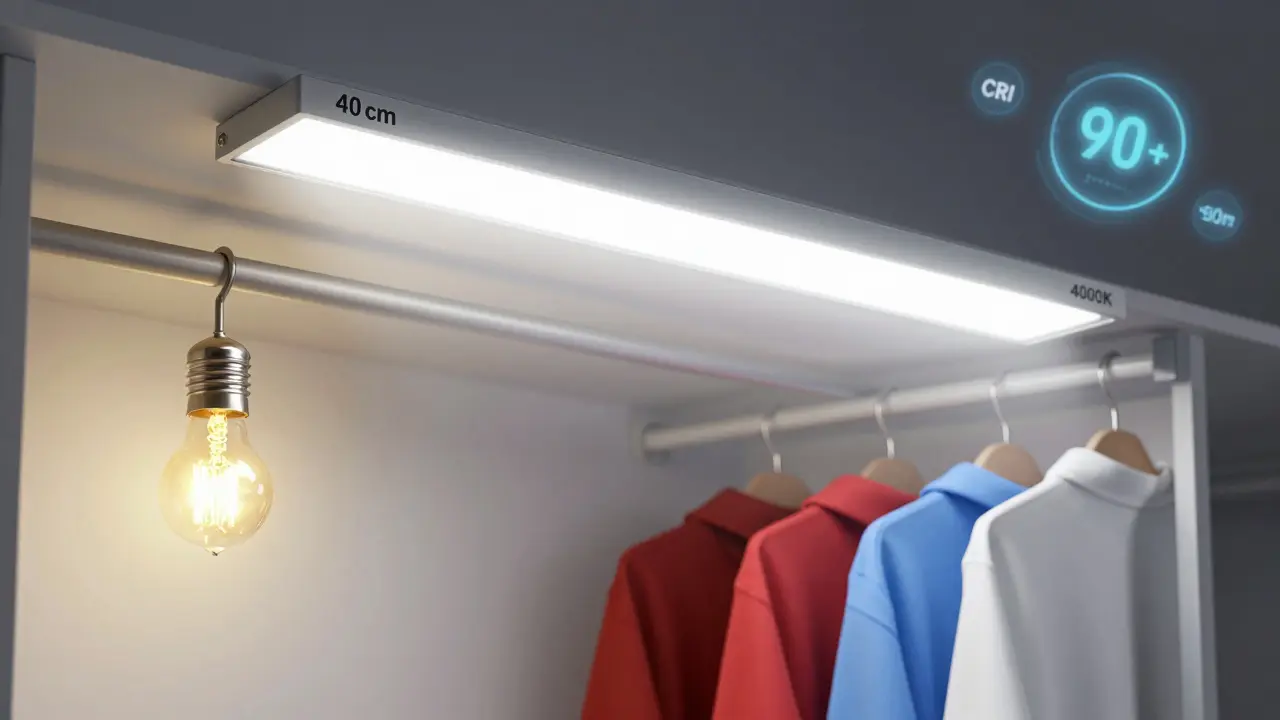 Porovnání kvality osvětlení: chladně bílé LED s CRI 90+ na jedné straně, žluté světlo na druhé, přesné barvy oblečení.