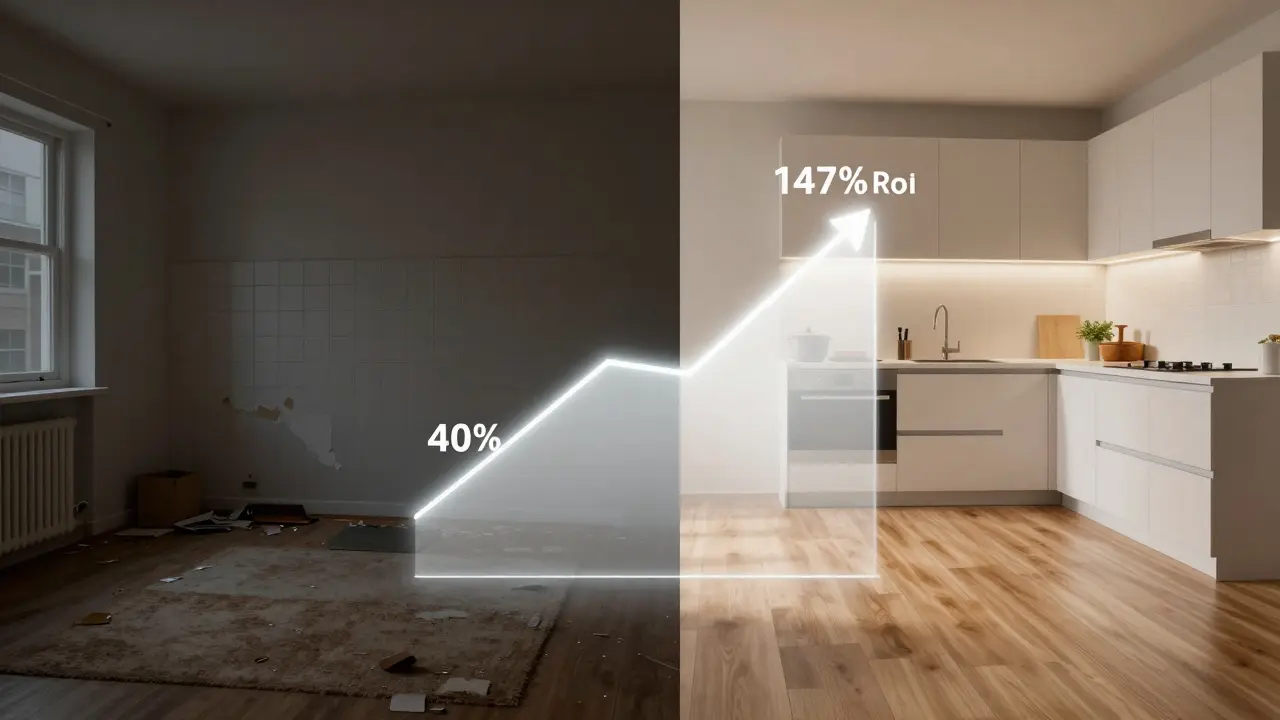 Porovnání před a po: špatný stav bytu vlevo a modernizovaný prostor vpravo s grafem návratnosti.