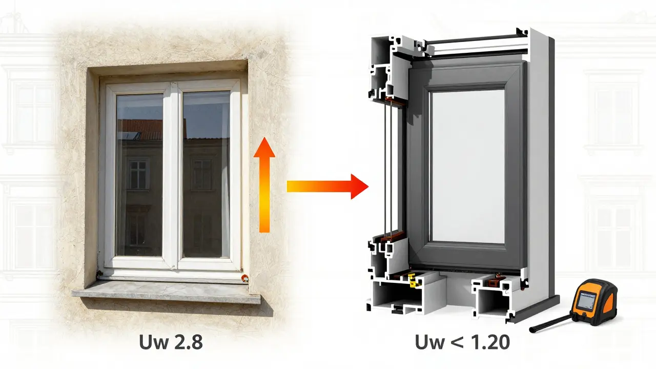 Porovnání průřezu starého a nového okna s označením součinitele prostupu tepla Uw.