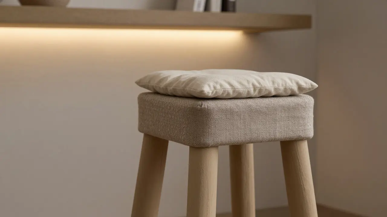Přemalovaný dřevěný taburet s textilním potahem a polštářkem, s jemným světlem LED pásku na pozadí.