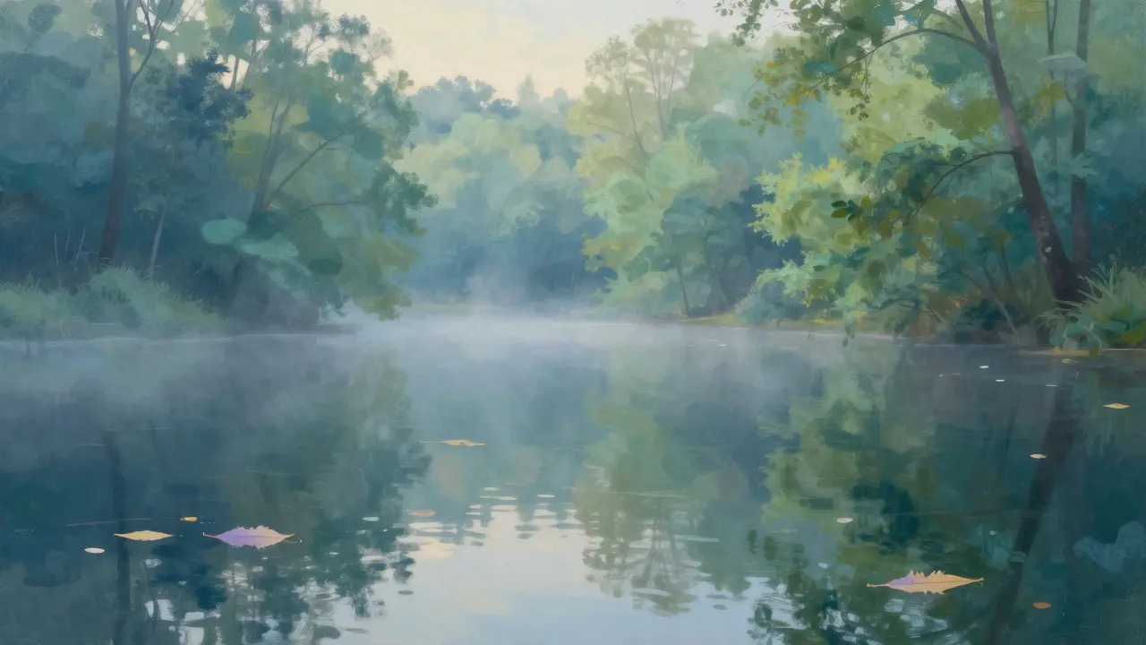 Přírodní přechod barev vodní plochy: modrá, tyrkysová a zelená, jako v ranní mlze.