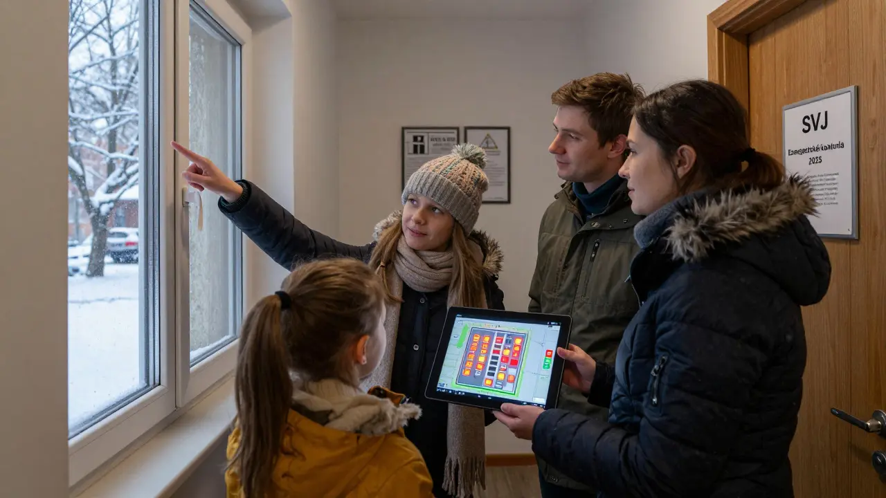 Rodina sleduje na tabletu tepelnou mapu domu s červenými skvrnami na oknech a dveřích.