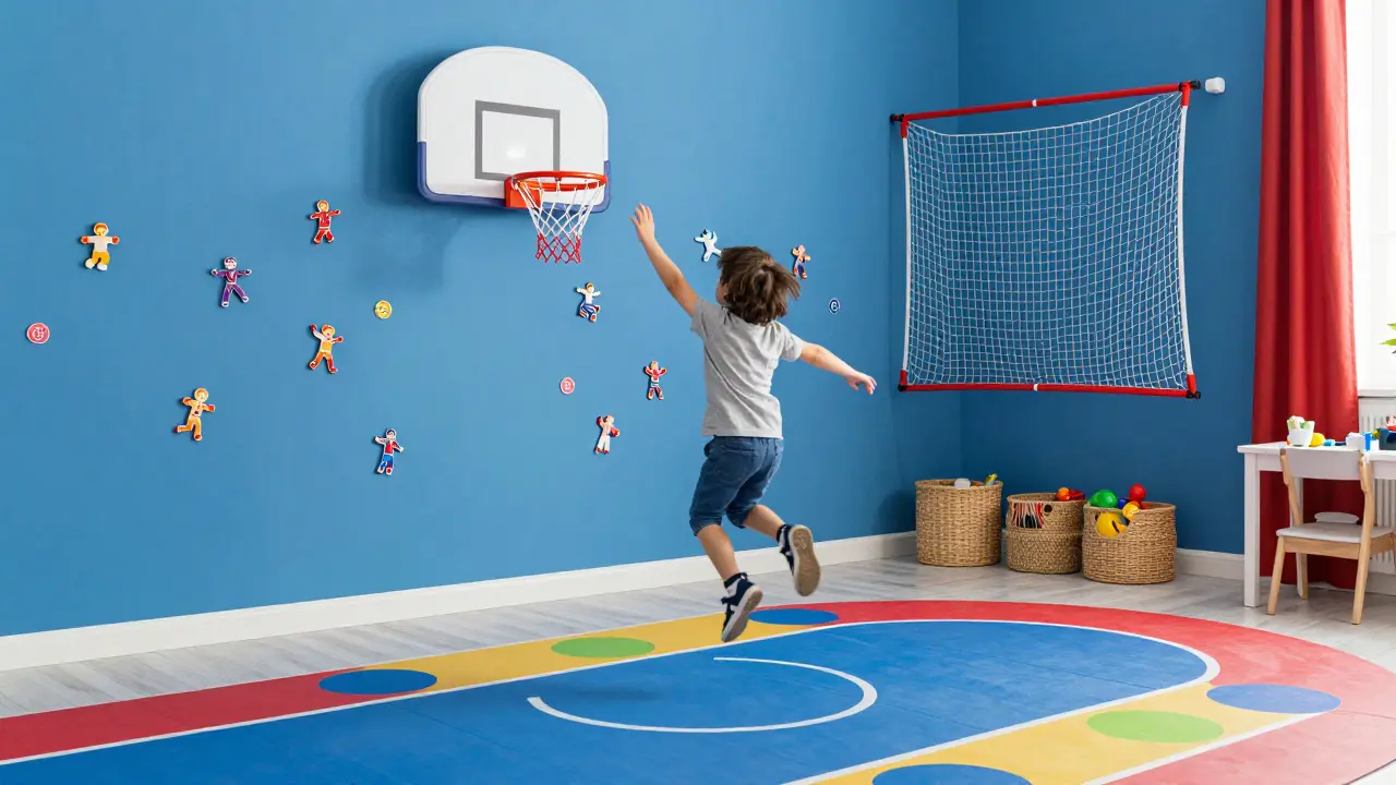 Sportovní pokoj s barevnou podlahou pro skákání, magnetickou stěnou s sportovci a lehkou bránou, dítě v pohybu.