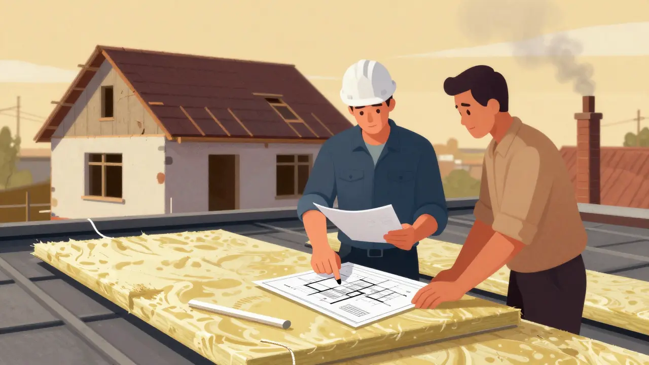 Stavební dozor porovnává izolační panely s projektem při rekonstrukci střechy.